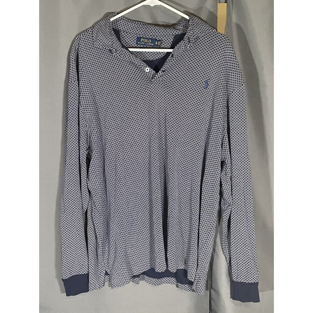 Polo Ralph Lauren Shirt Mens XL Blue Geometric Print Long Sleeve Pullover Polo